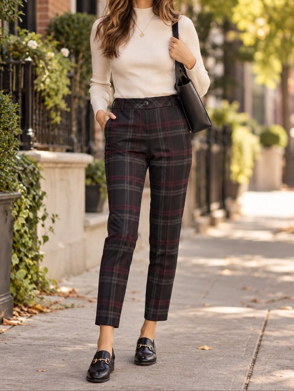Express Black Burgundy Plaid Straight Leg Ankle Pants Stretch Women’s Career